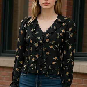 PAIGE + Anthropologie Black Blouse with Floral Pattern - NIGHT GARDEN pattern‎